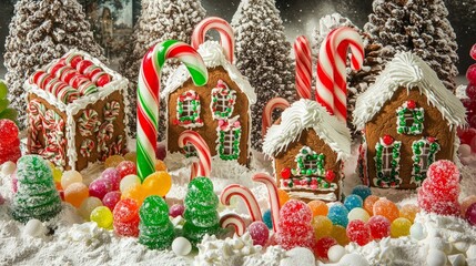 Fototapeta premium Gingerbread houses decorated with candy canes and surrounded by colorful candies on a snowy background.