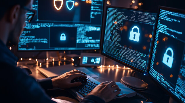 Cybersecurity Developer Working at Night with Technology Holograms