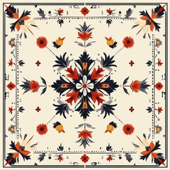 Elegant floral pattern design featuring red, yellow, and navy blooms on a cream background.