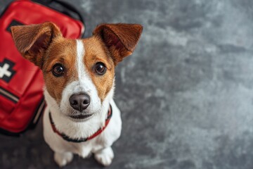 A small brown and white dog sits attentively beside a first aid kit on a gray surface
