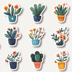 Colorful collection of artistic plant stickers featuring various flowers and cacti in decorative pots.