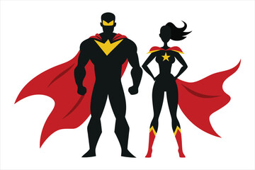 silhouette of superhero couple isolated