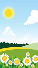 Obraz premium A sunny day blooms over colorful fields of daisies and rolling green hills