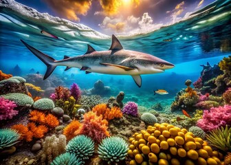 Fototapeta premium Stunning Reef Shark Encounter in Australia's Crystal Clear Waters - Underwater Adventure Photography