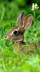 Fototapeta premium A young rabbit rests quietly in a lush green meadow surrounded by wildflowers