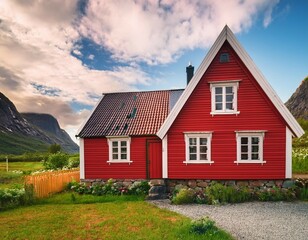 a typical red and colorful cottage of the norwegian culture and architecture in norway high quality photo