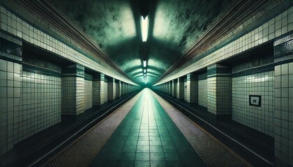 Fototapeta premium A cinematic view of an empty, dimly lit underground subway station at night