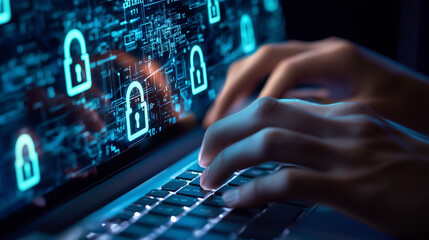 Cybersecurity Concept with Padlock Icons and Keyboard Focused Image