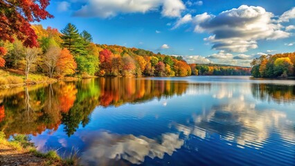 Fototapeta premium Placid fall scene at Buckingham Reservoir in Glastonbury Connecticut