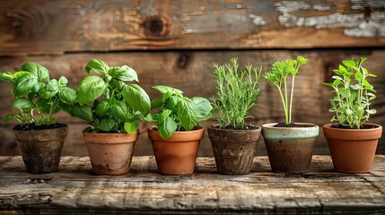 Fototapeta premium A selection of fresh herbs in small pots, showcasing basil, cilantro, and rosemary, displayed on a wooden table. Minimalist