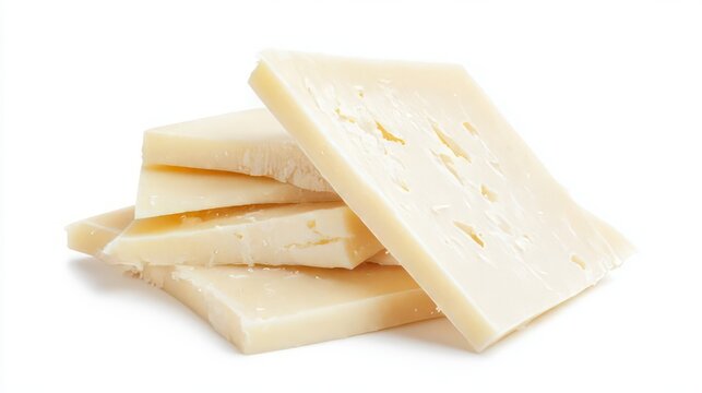 Bright slices of asiago cheese presented against a white background