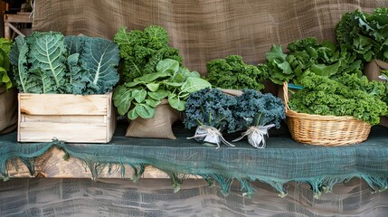 A variety of leafy greens, such as kale and spinach, artfully arranged at a rustic farmers market stall. Minimalist