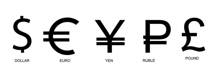  Dollar, euro, pound, ruble, a set of the most popular currency symbols