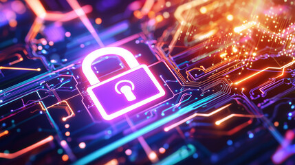 Cybersecurity Visualization with Digital Lock and Circuit Board