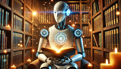A humanoid robot reading a book, sitting in a cozy library