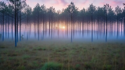 Fototapeta premium Misty sunrise through a forest of tall pines, creating a magical and ethereal atmosphere.