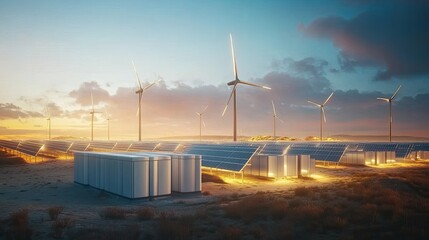 Energy storage systems with wind turbines and solar panels in the background, highlighting renewable energy technology.
