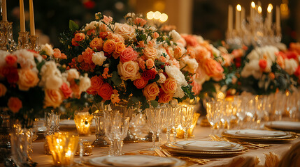 A luxurious dining experience in an opulent palace setting. The table is adorned with sparkling crystal glasses, golden cutlery, and vibrant floral arrangements.