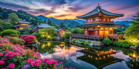 Fototapeta premium Stunning Summer Landscape of Kyoto, Japan with Lush Greenery and Vibrant Temples