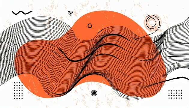 abstract composition of wavy black lines on the background of a orange grunge blob - Powered by Adobe