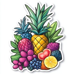 Vibrant and colorful illustration of assorted tropical fruits including pineapple, grapes, and citrus.