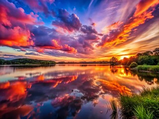 Obraz premium Stunning Sunset Lake Reflection with Vibrant Red and Purple Sky - Fantasy Art Style