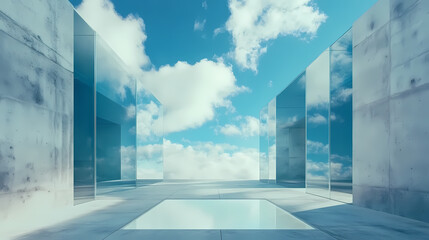 Obraz premium Futuristic surreal space with abstract glass architecture and concrete floor against the blue sky. Surreal Architecture. Illustration