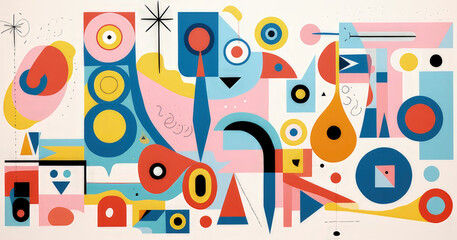 A vibrant abstract composition featuring geometric shapes and bold colors, evoking a sense of playfulness and creativity.
