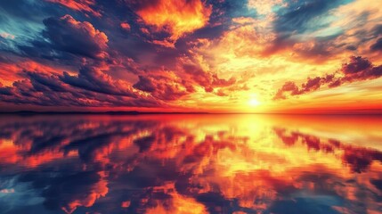 Fototapeta premium Fiery clouds reflecting the colors of a sunset above the horizon, creating a dramatic scene over the ocean