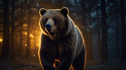 Obraz premium A majestic brown bear emerges from the shadows of a dark forest, illuminated by a burst of golden light. Its thick, shaggy fur is a rich brown color, contrasting with the surrounding darkness.