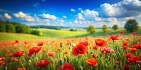 Stunning Tilt-Shift Photography of Vibrant Red Poppies in a Lush Green Field Under a Clear Blue Sky &ndash;