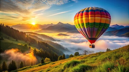 Fototapeta premium Colorful hot air balloon flying over sunrise mountains