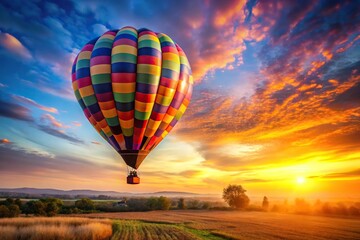 Fototapeta premium Colorful hot air balloon inflating at sunrise point of view