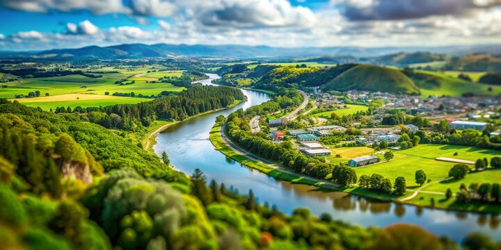 Stunning Tilt-Shift View of Huntly and Waikato River from Hakarimata Summit Track in New Zealand