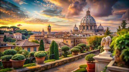 Fototapeta premium Stunning Tilt-Shift View of Vatican City from Ancient Villa Terrace with Iconic Dome and Roman Architecture Against a