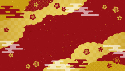 金色の雲と梅の和風背景素材