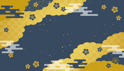 金色の雲と梅の和風背景素材