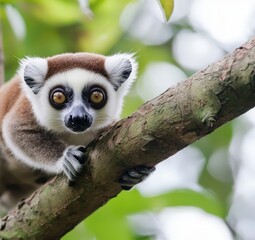Fototapeta premium Curious lemur exploring a branch in lush green forest sanctuary at dawn
