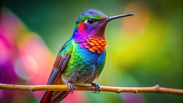 Colorful hummingbird perching on branch covered in feathers