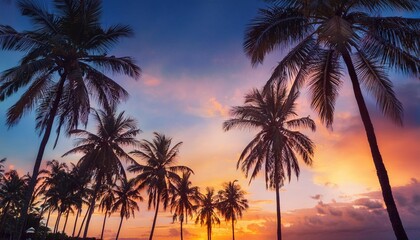 coconut palm trees against colorful sunset