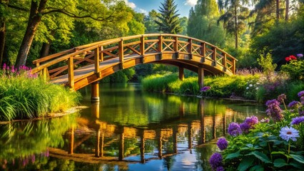 Stunning Wooden Bridge Over Tranquil Water with Lush Green Surroundings for Architectural Photography
