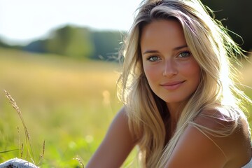 Naklejka premium A serene moment in nature with a young woman enjoying the sunlight in a vibrant meadow