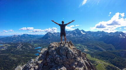 This image captures a triumphant moment of a person standing on a mountain peak, arms spread wide in a gesture of victory and joy.