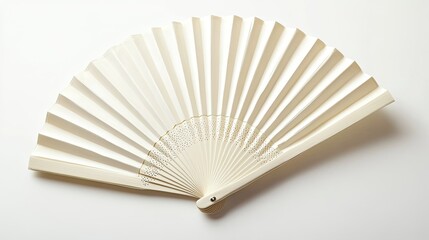 Flat lay of a white folding hand fan, with its pleats fully extended, against a clean white background.