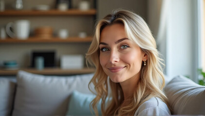 Fototapeta premium Headshot photograph of a gorgeous blonde woman sitting by herself on a sofa, gazing at the camera, enjoying a fun weekend at home in her own or leased apartment. A lovely, mature woman's profile pictu