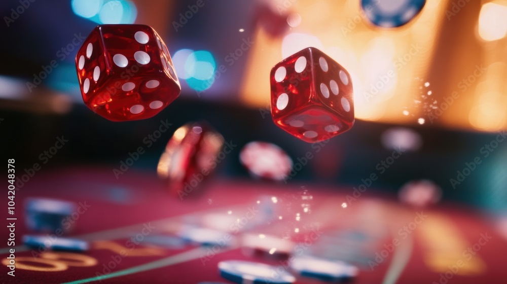 Poster flying red dice dance above a craps table, surrounded by colorful chips in a bustling casino filled 