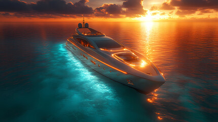 An elegant 3D-rendered luxury yacht cruising through crystal-clear turquoise waters at sunset.