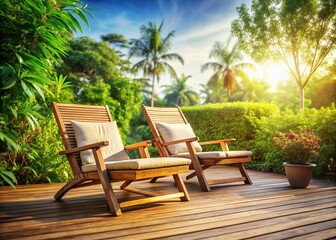 Obraz premium Stylish Pair of Wooden Deck Chairs for Outdoor Relaxation and Comfort
