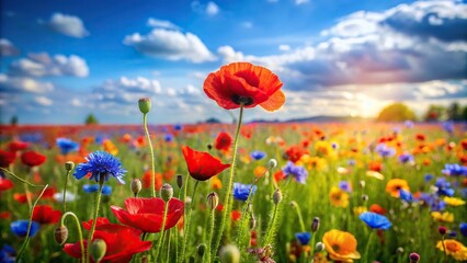 Fototapeta premium Colorful spring summer landscape with red poppy flowers in meadow in nature glow in sun