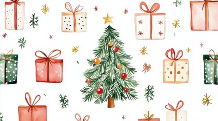 watercolor drawing of Christmas trees with decorations and gifts on a white background. Holiday New Year decorations concept, christmas background